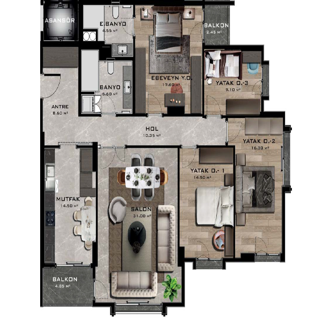 A BLOK A-A2 TİPİ 4+1 DAİRE